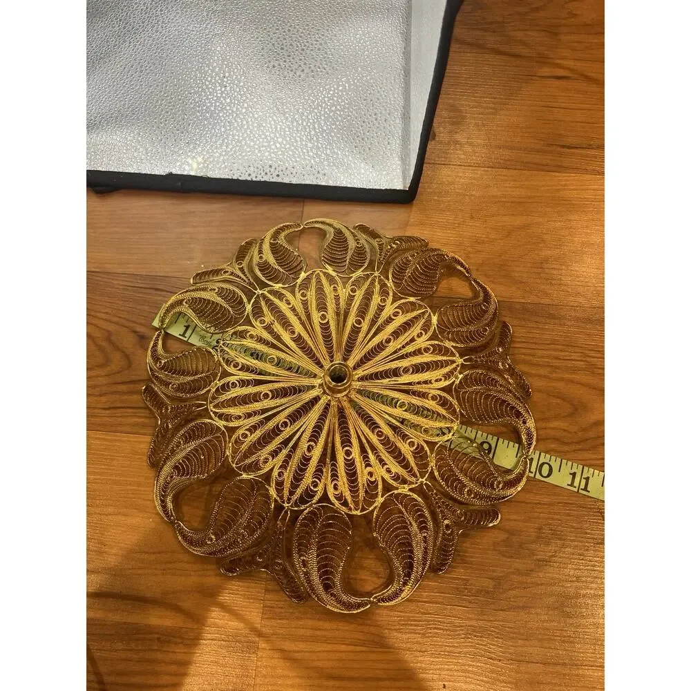 Vtg Gold Tone Peacock Filigree Islamic Ottoman Ronac Handicraft Tray Dish Decor
